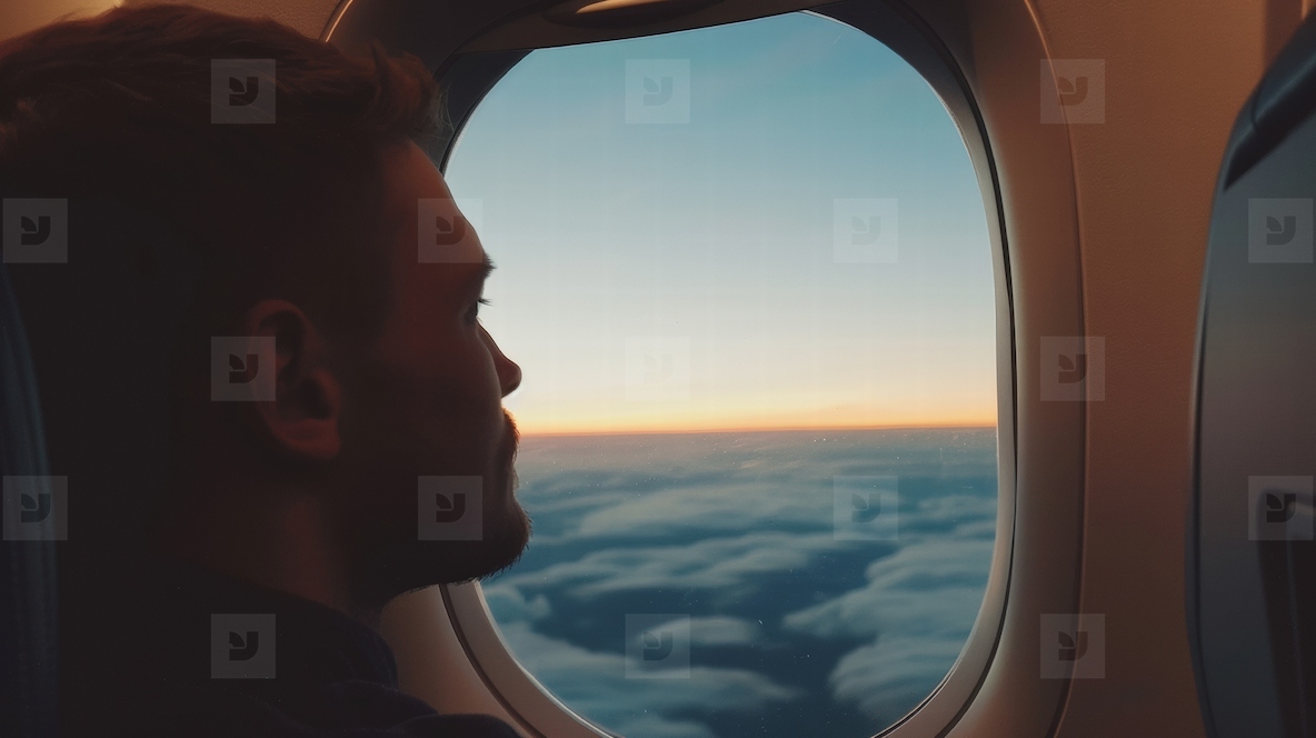 person gazes out airplane window at serene sunset sky