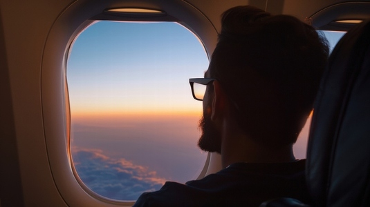 person gazes out airplane window at colorful sunset sky