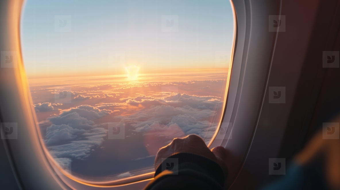 person gazes out airplane window at stunning sunset over clouds