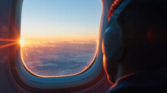 Passenger gazing out airplane window at sunset  feeling serene