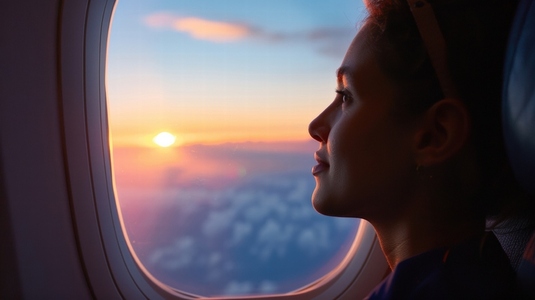 person gazes out airplane window at vibrant sunset