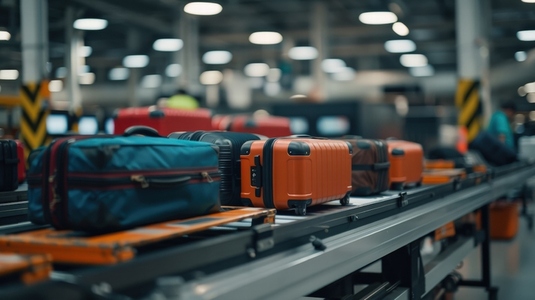 Luggage on conveyor belt in busy airport terminal