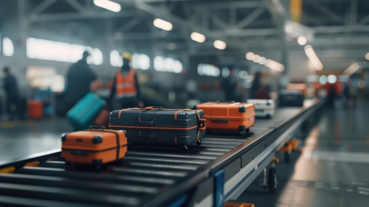 Luggage on conveyor belt in busy airport terminal