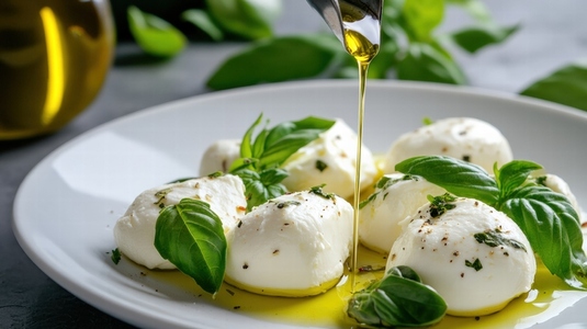 Soft mozzarella cheese balls with fresh basil and olive oil drizzle