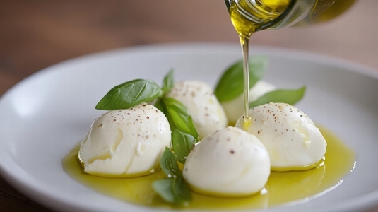 Soft mozzarella cheese balls with fresh basil and olive oil drizzle