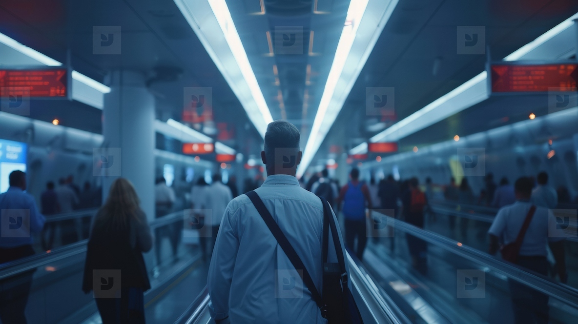 man walks through busy airport terminal with bright overhead lights