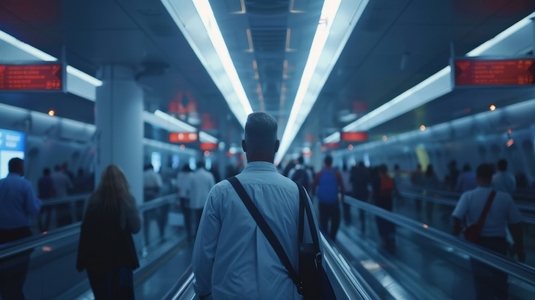 man walks through busy airport terminal with bright overhead lights