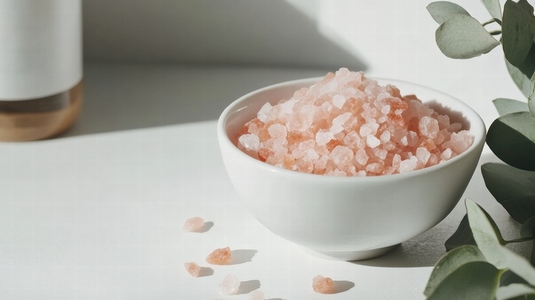 Small bowl of pink Himalayan salt with scattered crystals