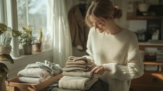 Woman packing suitcase with cozy sweaters in sunlit room