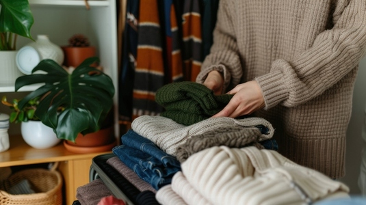 person folding clothes in cozy room with plants and shelves