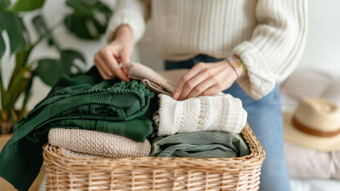 person folding cozy sweaters into wicker basket