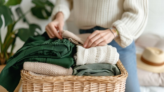 person folding cozy sweaters into wicker basket