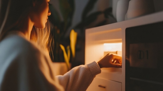 woman places items in home safe illuminated by warm light woman places items in home safe illuminated by warm light