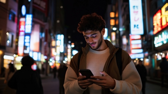 Young man using smartphone in vibrant city night scene