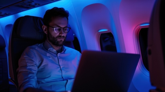 Man working on laptop in dimly lit airplane cabin