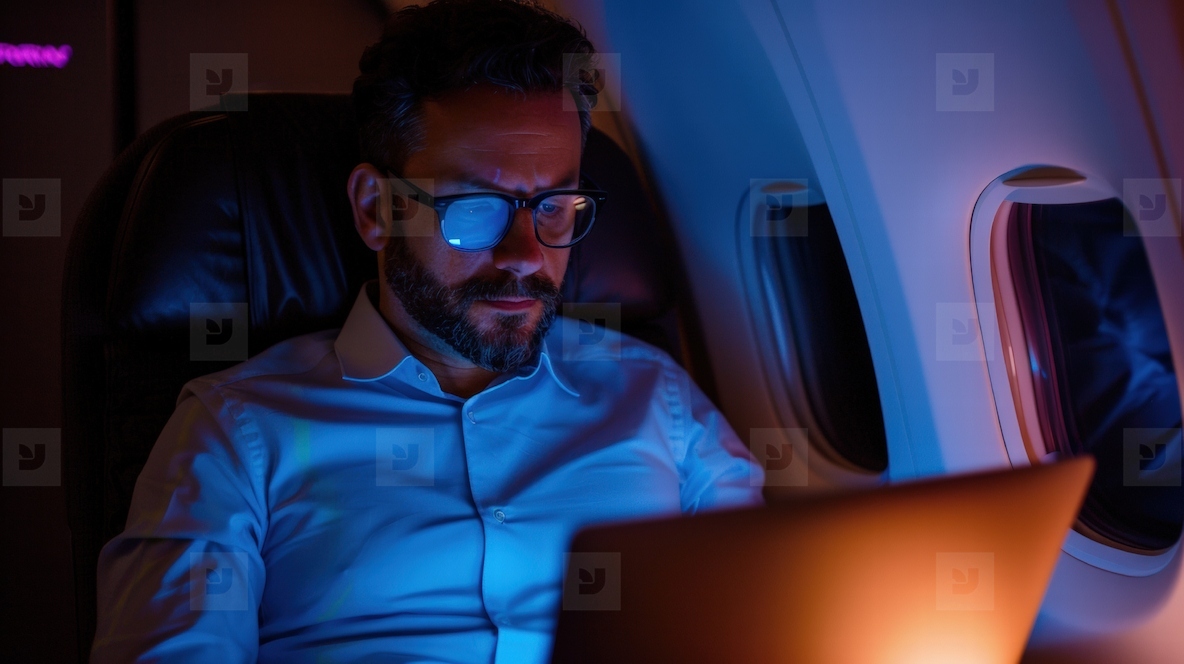 Man working on laptop during flight focused and illuminated by screen light