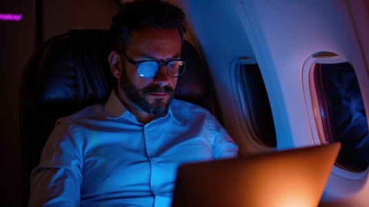 Man working on laptop during flight  focused and illuminated by screen light