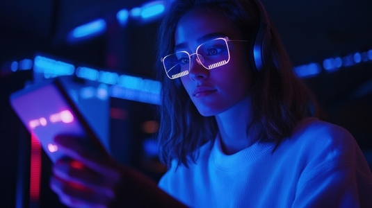 Young woman with glowing glasses using smartphone in dark room