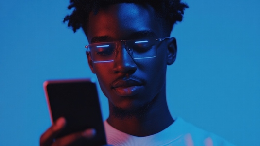 Young man using smartphone with facial recognition in blue light