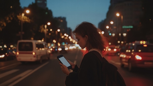Young woman using smartphone on busy city street at night  feeling focused