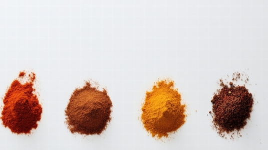 Colorful spices in small piles on white background Colorful spices in small piles on white background