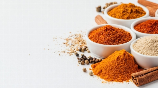 Various colorful spices in small piles on white background