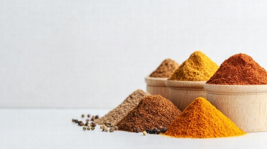 Colorful spices in small piles on white surface