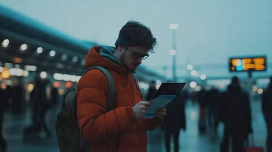 traveler in orange jacket checks documents at busy train station