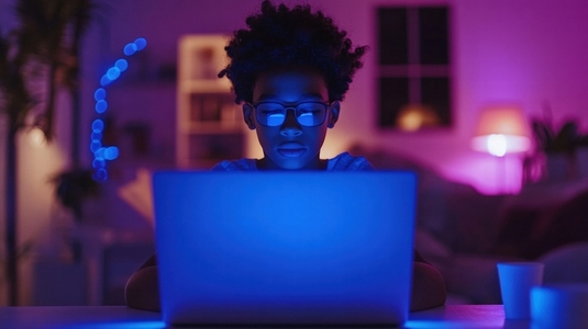 Teenager focused on laptop in dimly lit room with blue light