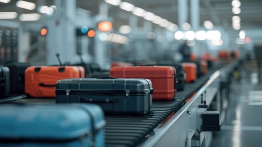 Luggage on conveyor belt in airport terminal  ready for travel