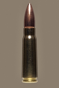 Close up studio shot of 39mm bullet used with AK47