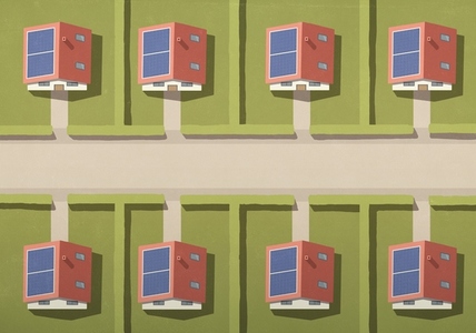 View from above repetitive houses with solar panels