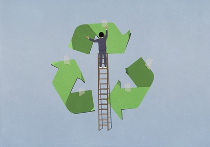 Businessman on ladder taping green recycle arrow symbol