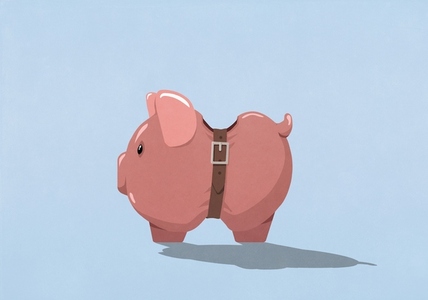 Belt tightening belly of piggy bank on blue background