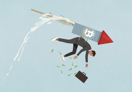 Falling Bitcoin rocket strapped to back