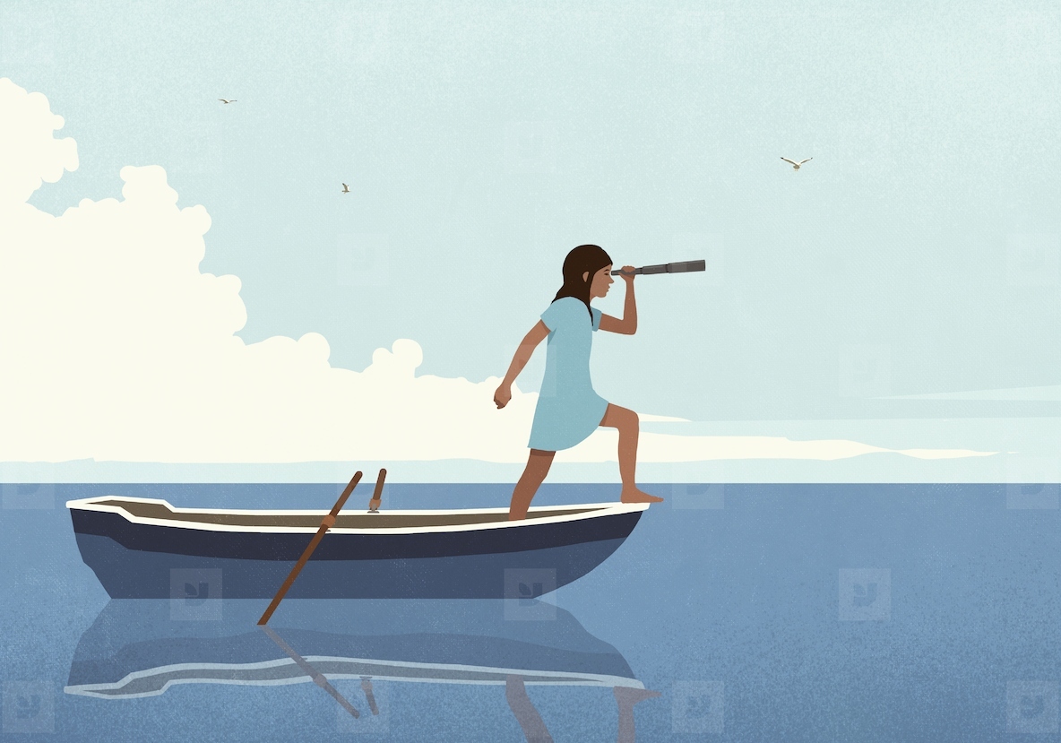 Adventurous girl using telescope on journey in rowboat on water
