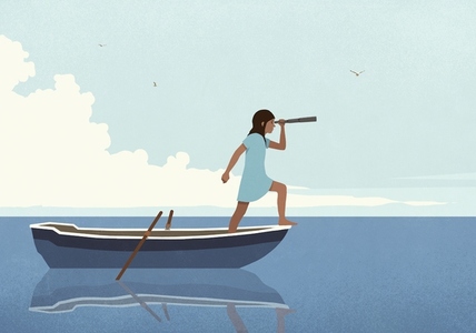 Adventurous girl using telescope on journey in rowboat on water Adventurous girl using telescope on journey in rowboat on water