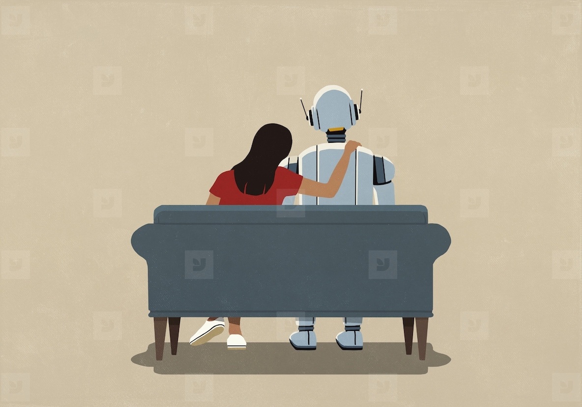 Affectionate woman with arm around AI robot on sofa
