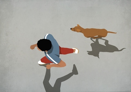 View from above man jogging with dog View from above man jogging with dog