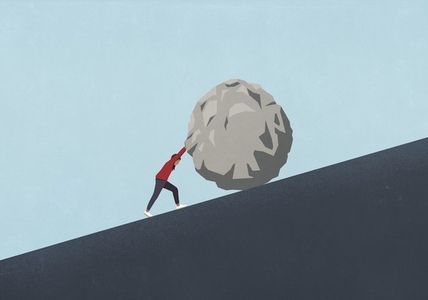 Woman pushing large boulder uphill