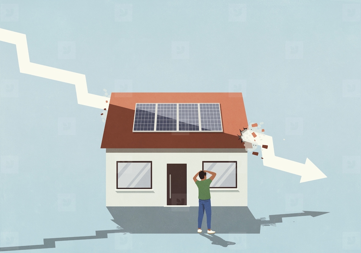 Surprised man watching descending arrow crashing through house with solar panel
