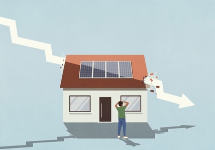 Surprised man watching descending arrow crashing through house with solar panel