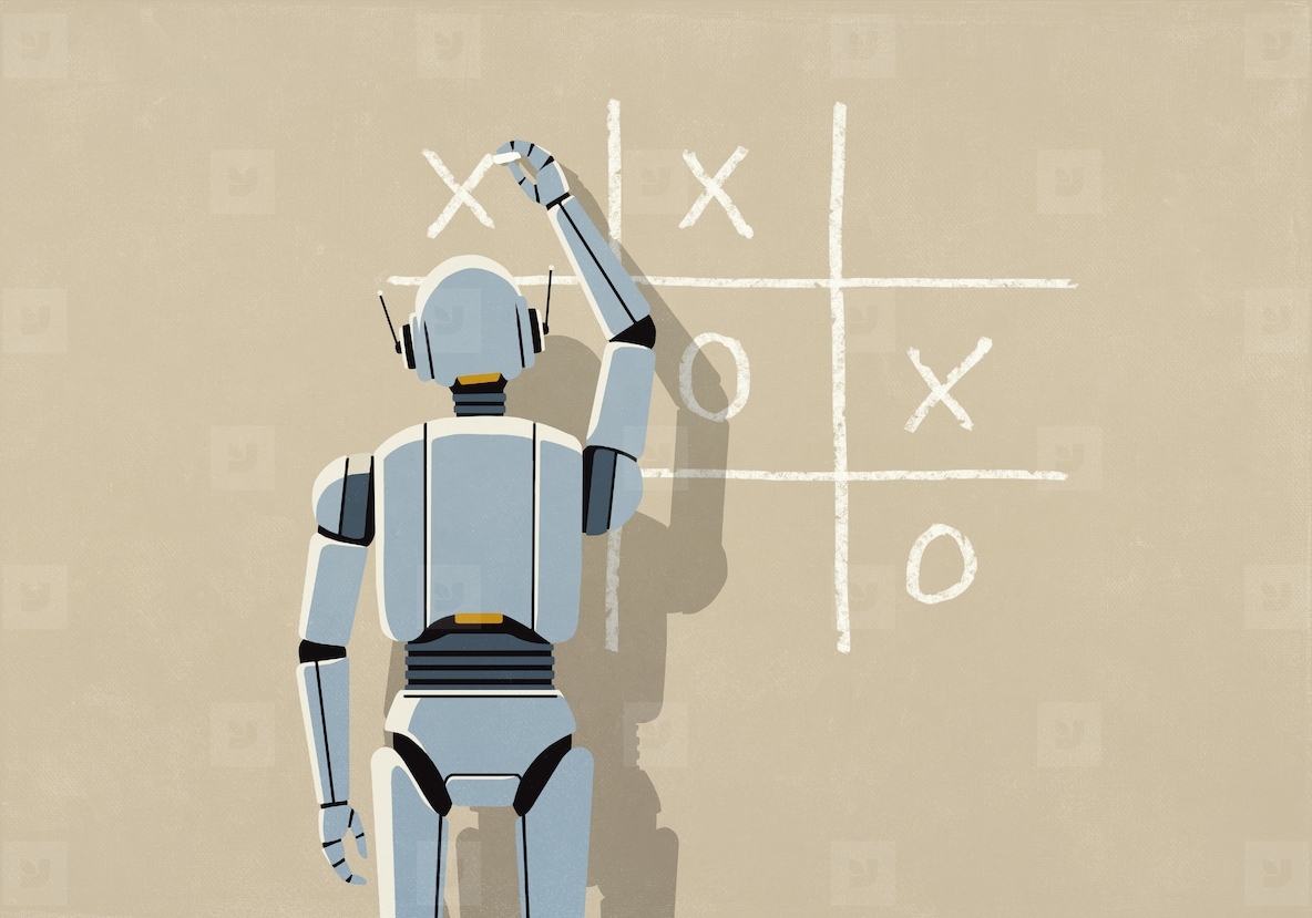 AI robot playing tic tac toe on beige background