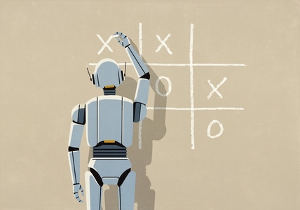 AI robot playing tic tac toe on beige background