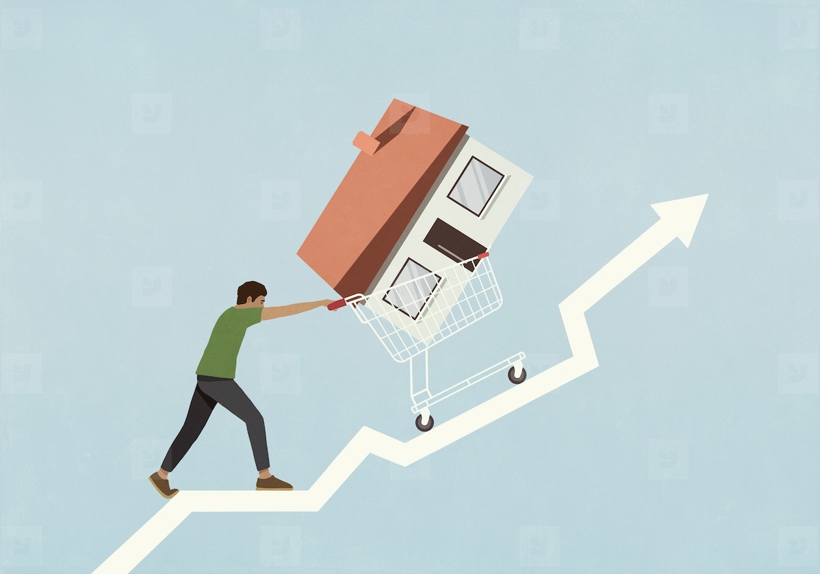 Man pushing house in shopping cart up ascending arrow