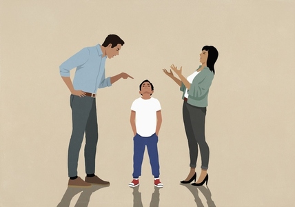 Angry parents yelling at boy with head back and hands in pockets