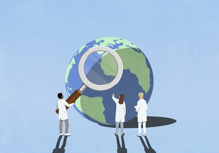 Scientists with large magnifying glass examining Scientists with large magnifying glass examining