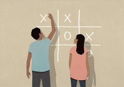 Couple playing tic tac toe on beige background