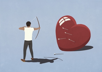 Man shooting arrows at large red heart