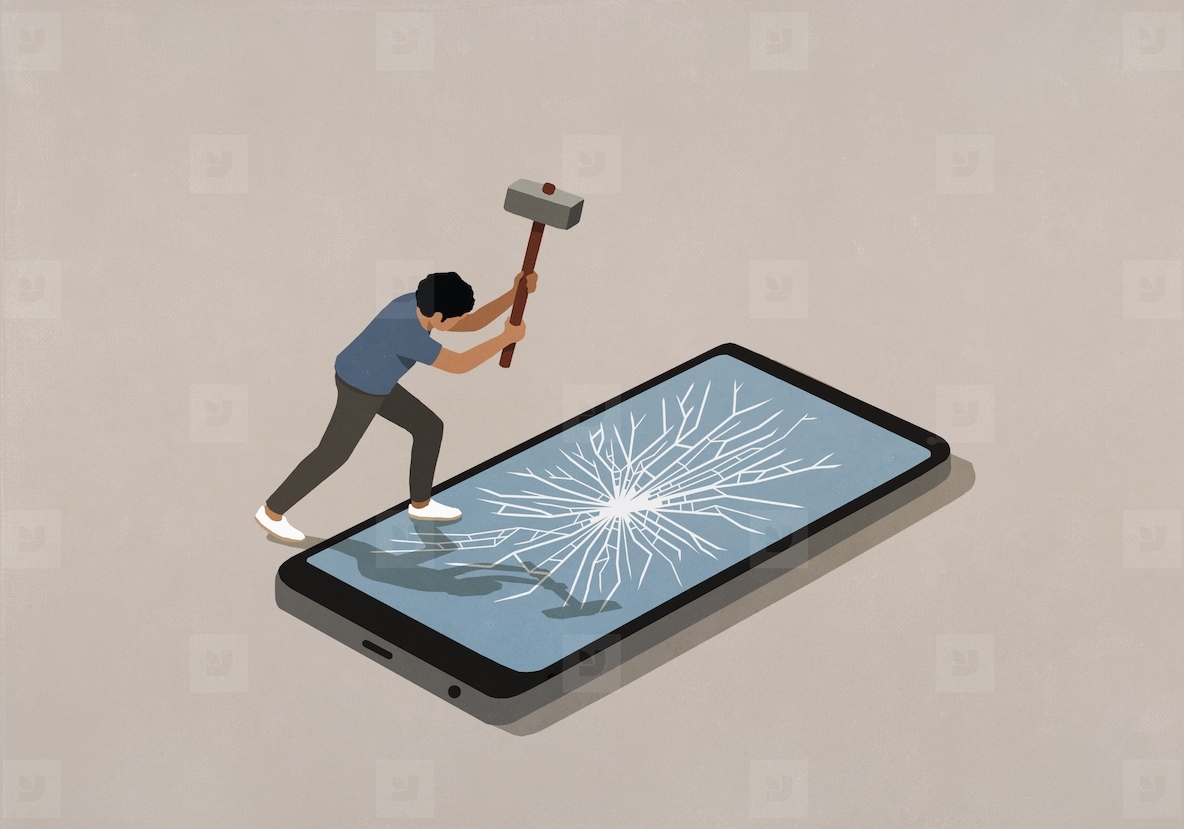 Man with sledgehammer smashing smart phone screen